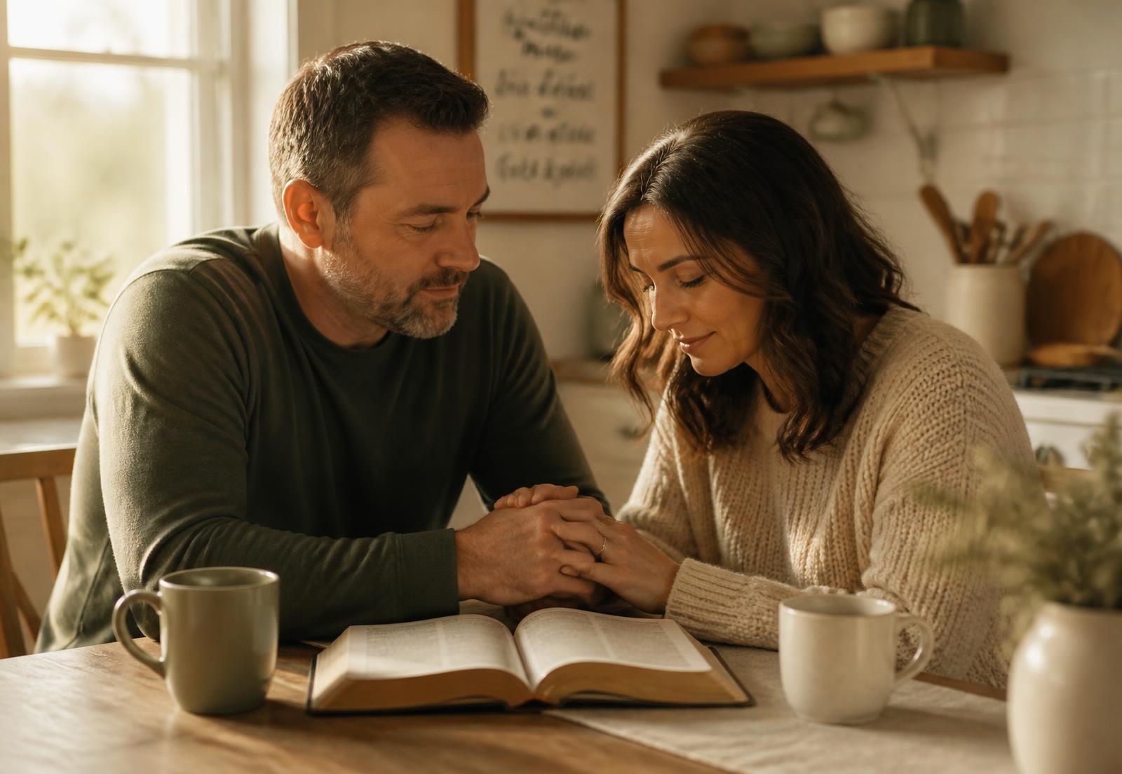 A husband and wife in their forties sitting together at a sunlit kitchen table with an open Bible, hands joined in prayer